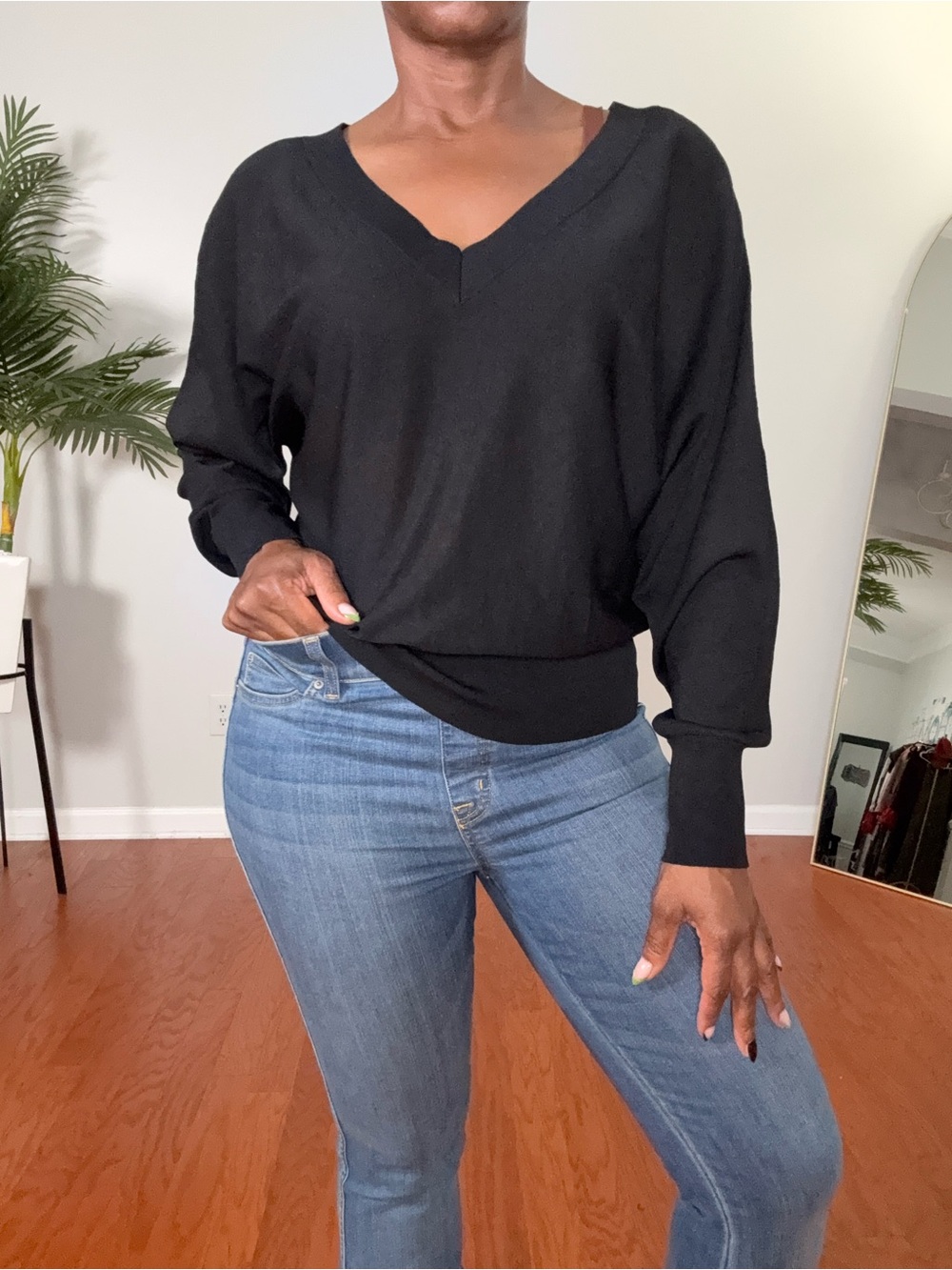 INC International Concepts Black V-Neck Dolman Sleeve Sweater